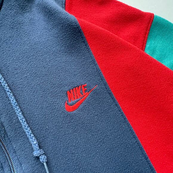 Vintage 80s Nike Spellout Swoosh Colorblock Full Zip Hoodie Sweatshirt Navy Red - Picture 4 of 9